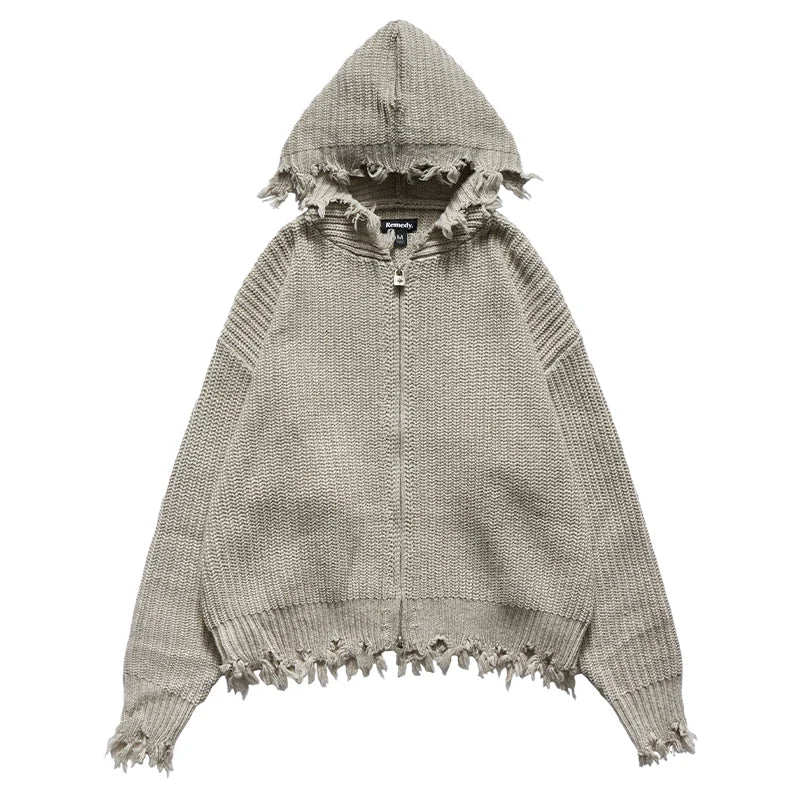 Remedy Distressed Hooded Zipper Knit Cardigan