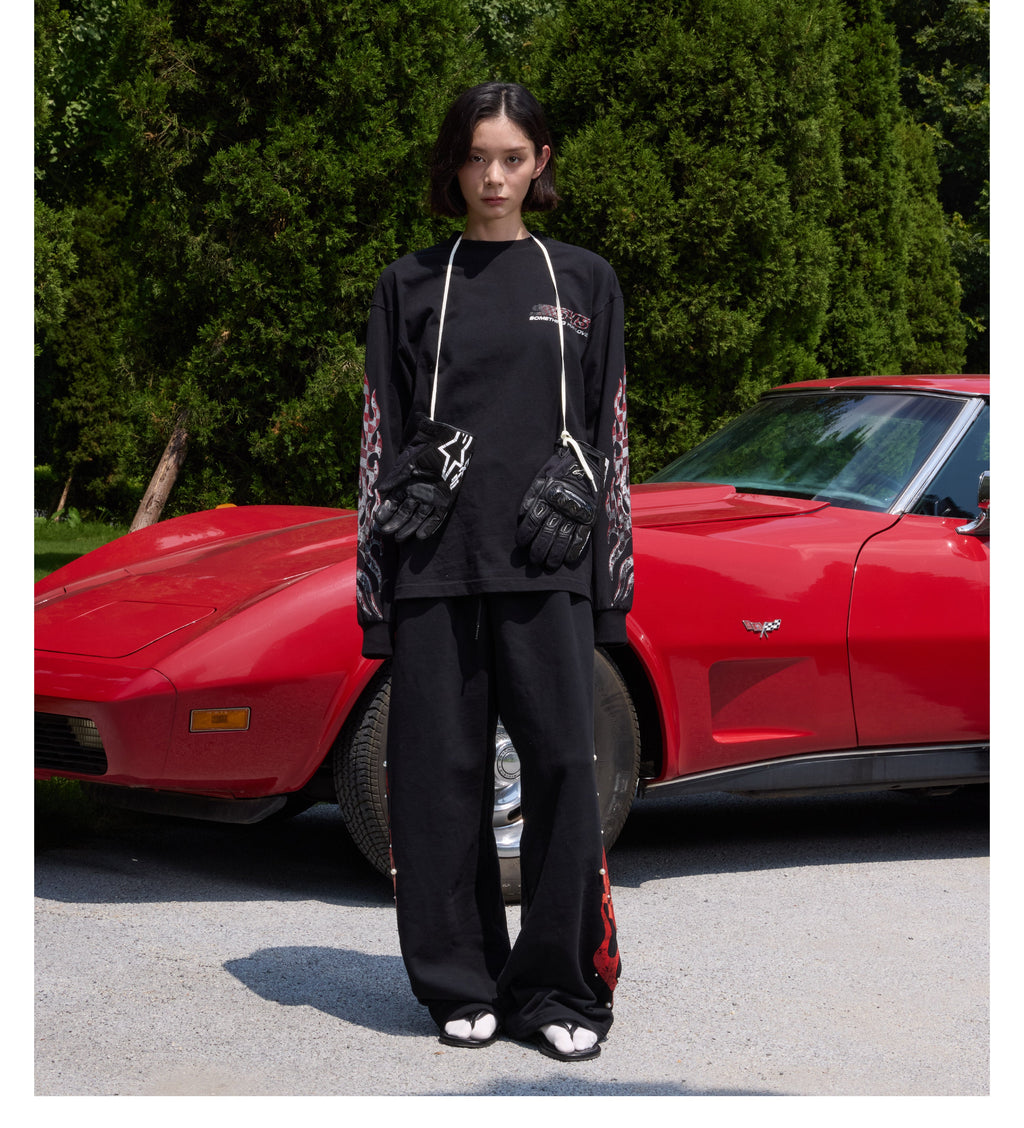 S45 Checkered Flag Flame Print Long Sleeve Tee