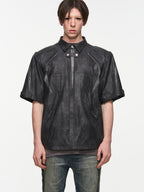 BLIND NO PLAN Patchwork Leather Biker Short Sleeve Shirt