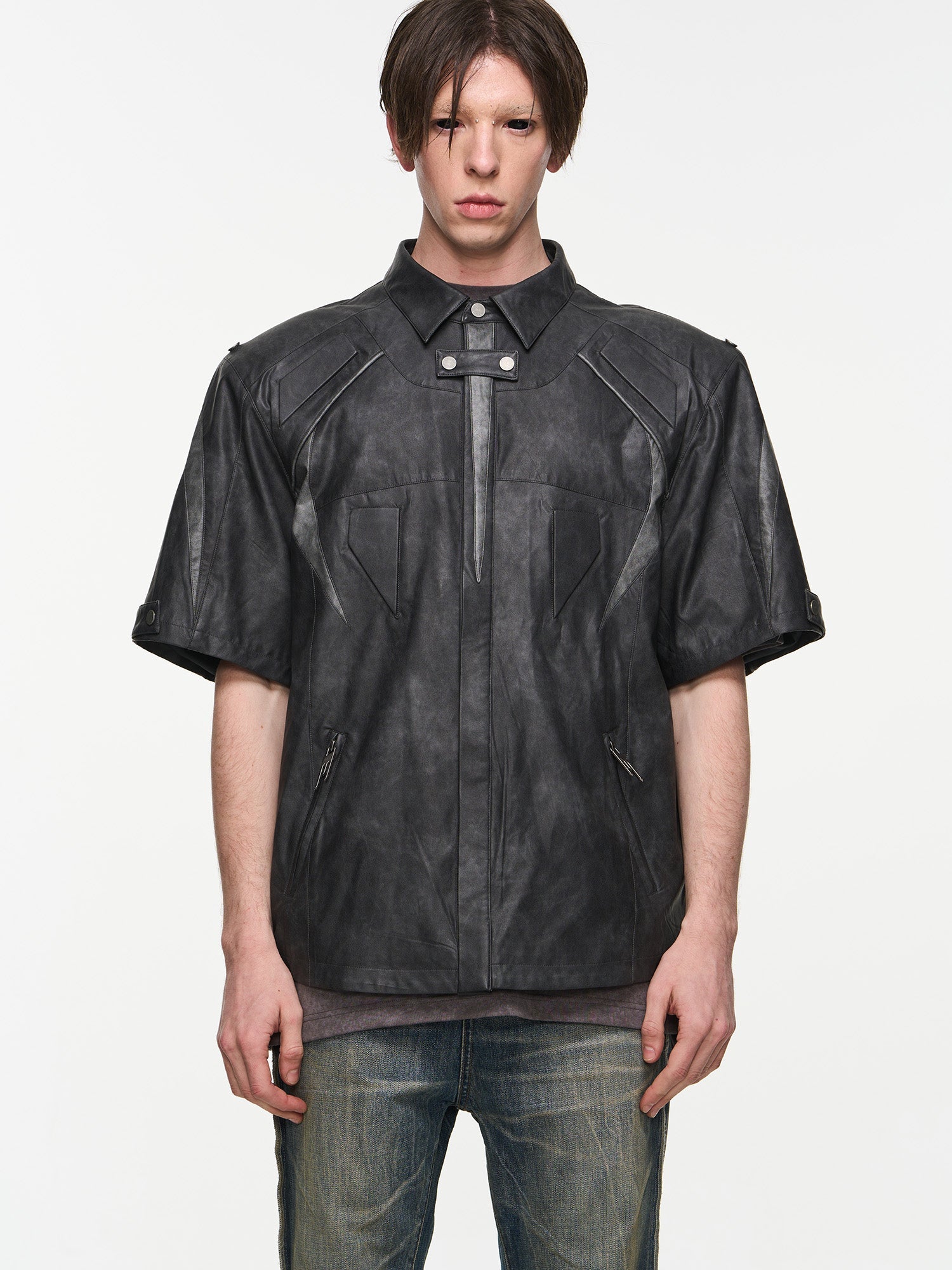 BLIND NO PLAN Patchwork Leather Biker Short Sleeve Shirt