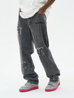 Harsh and Cruel Distressed Embroidered Gothic Logo Denim