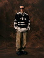1807 Black & White Striped Hockey Jersey Knit Sweater