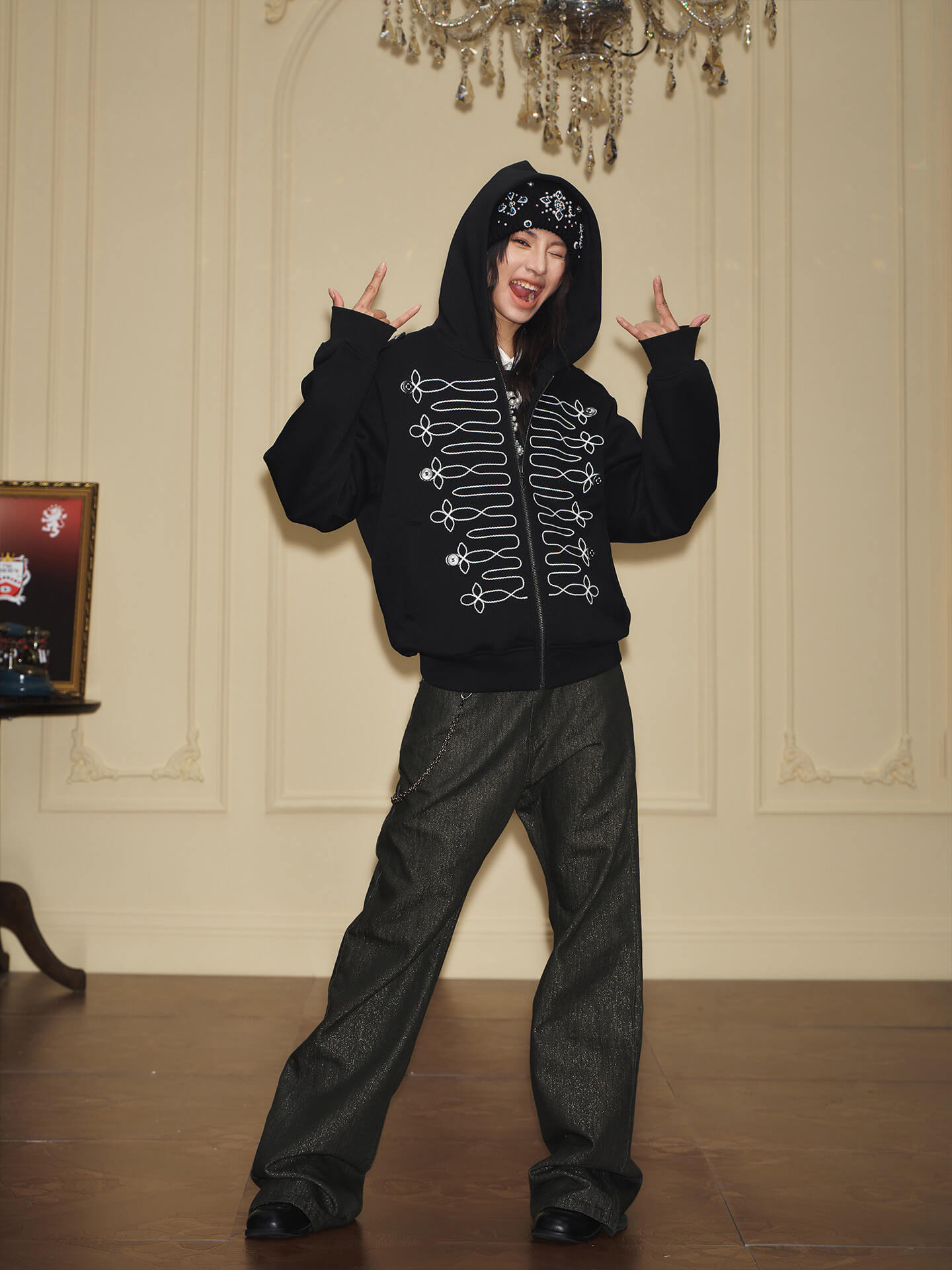 YADcrew Napoleonic Style Epaulette Zip Up Hoodie