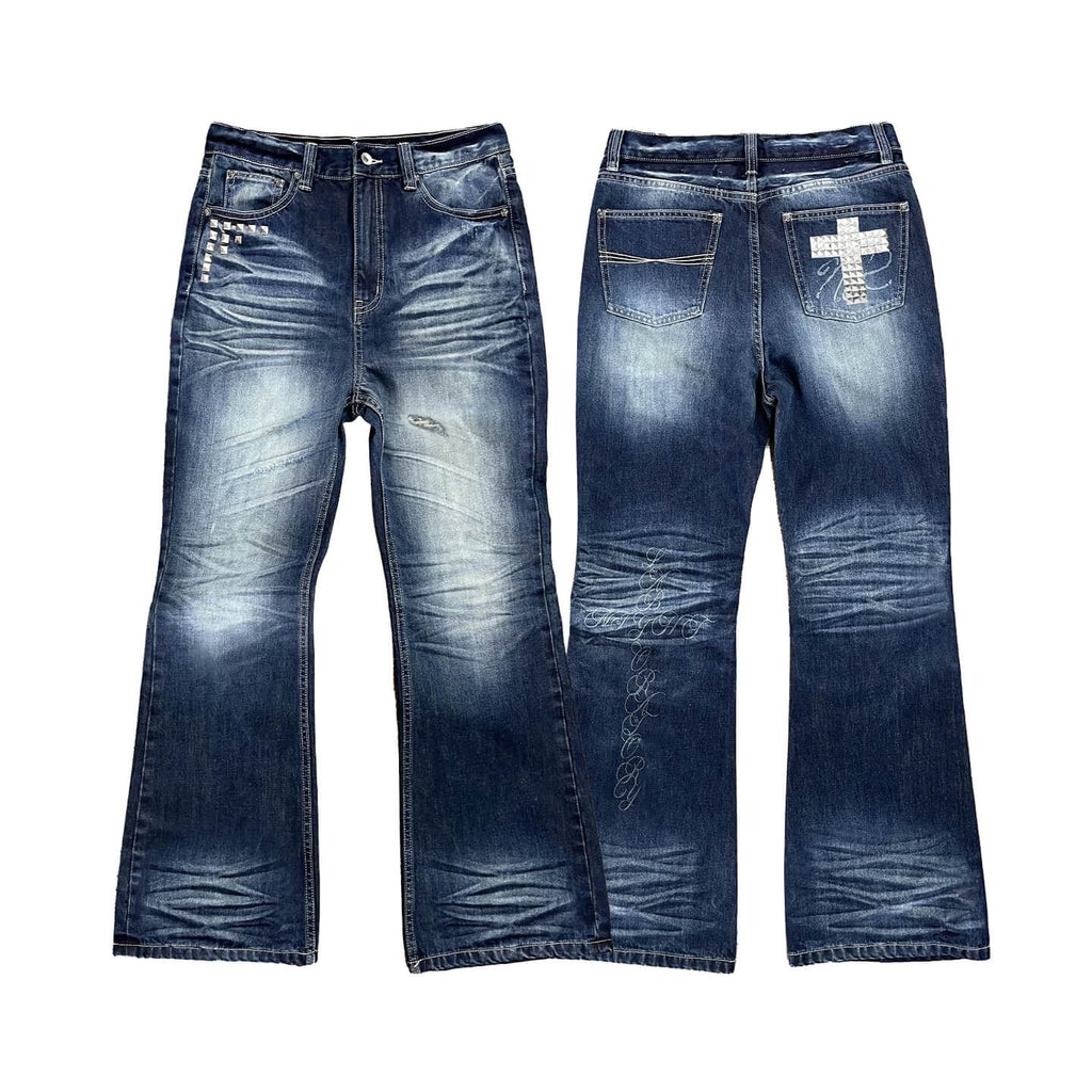 Night Lab Rock Studded Whisker Washed Flared Jeans