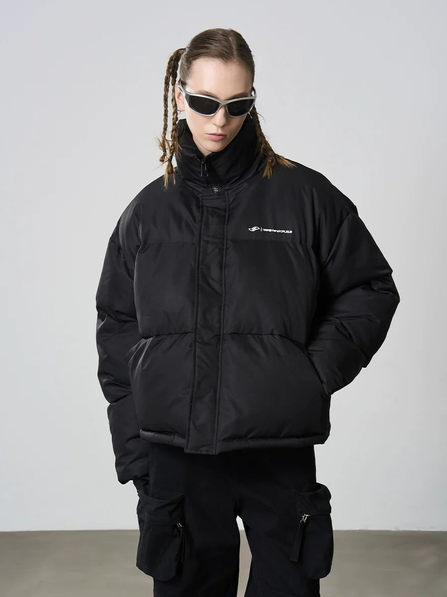 Harsh and Cruel Embroidered Logo Stand Up Collar Down Jacket