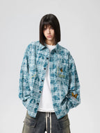 Achock Washed Plaid Butterfly Embroidery Long Sleeved Shirt