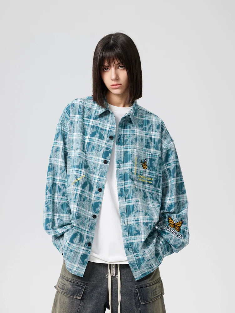 Achock Washed Plaid Butterfly Embroidery Long Sleeved Shirt