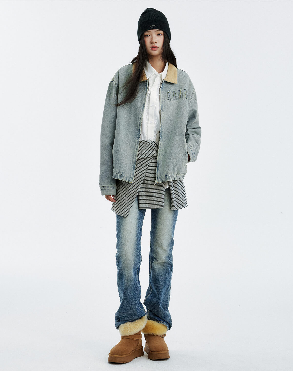MEDM Corduroy Collar Washed Denim Jacket