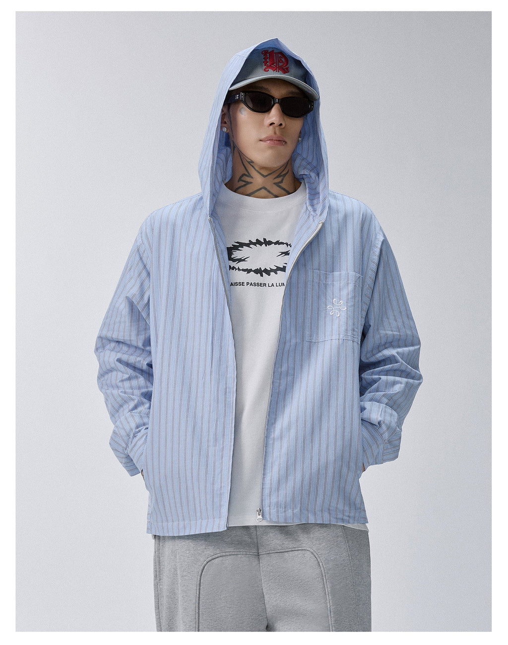 F2CE Striped Zip Up Hooded Shirt Jacket