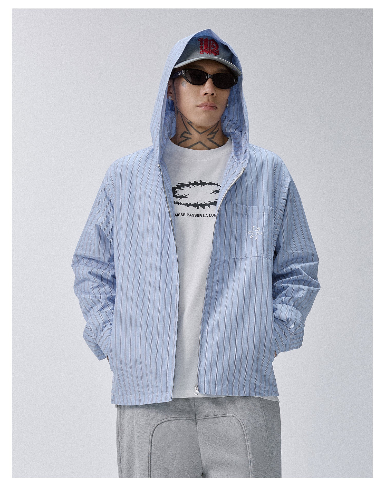 F2CE Striped Zip Up Hooded Shirt Jacket
