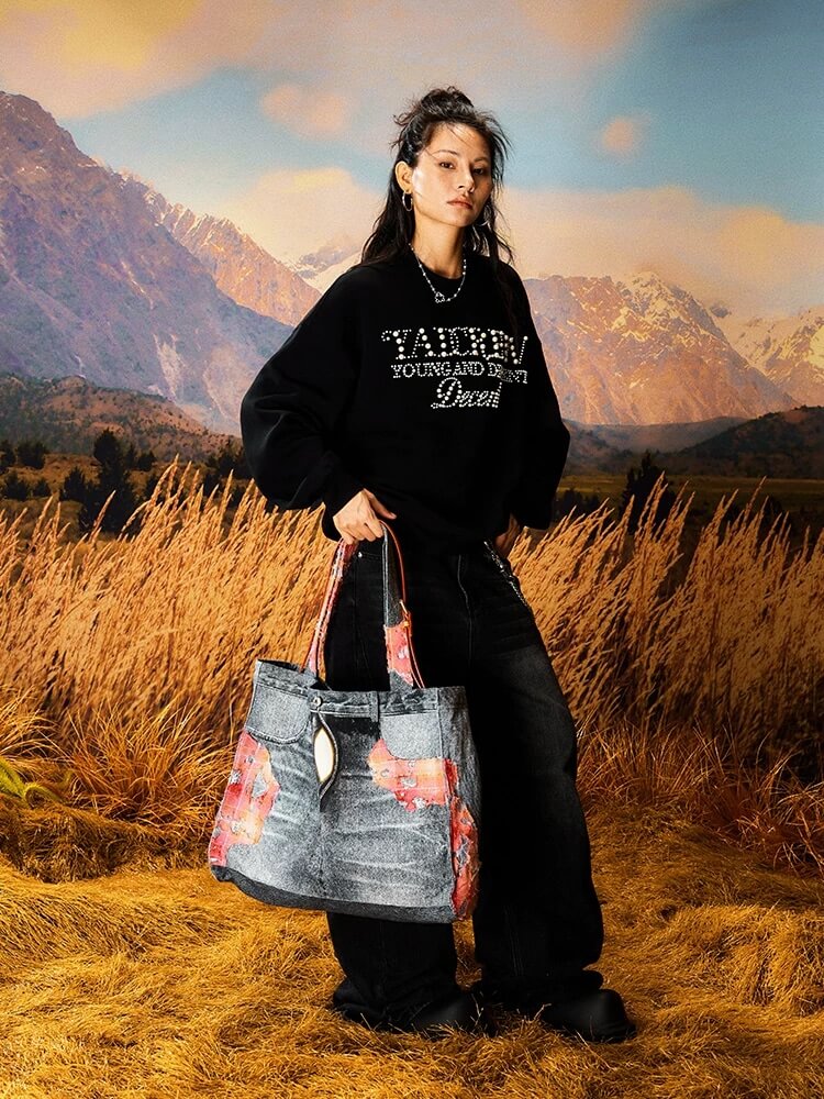 YADcrew Evening Lace Patchwork 3D Print Denim Tote Bag