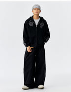MEDM Patterned Flower Embroidered Zip Up Hoodie