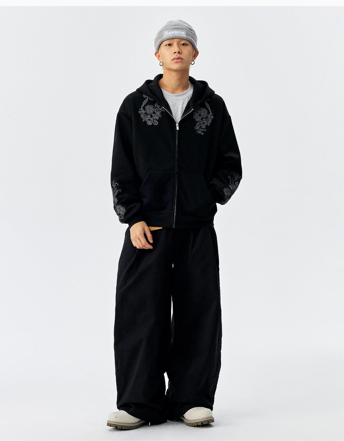MEDM Patterned Flower Embroidered Zip Up Hoodie