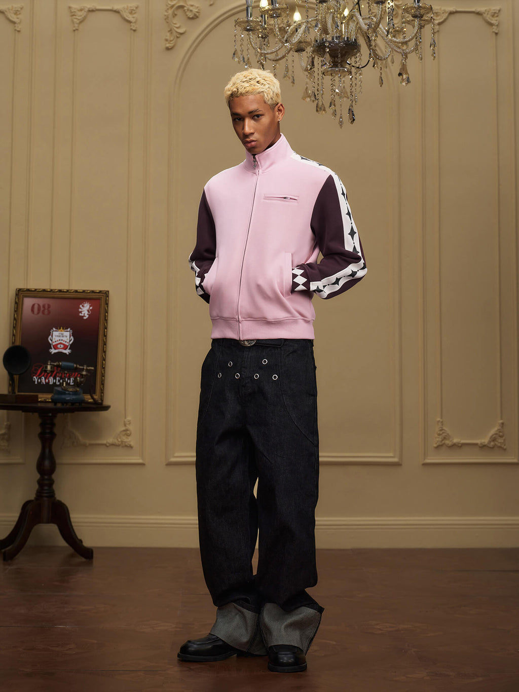 YADcrew Glitter Star Sleeve Stripe Track Jacket