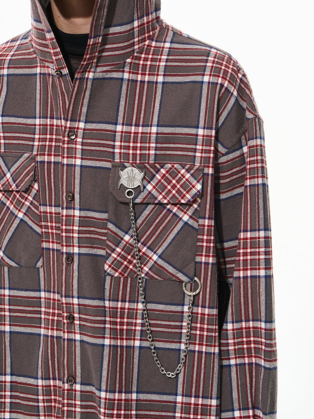 BLIND NO PLAN Metal Chain Hooded Plaid Long Sleeve Shirt