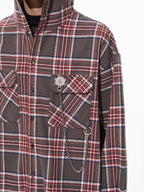 BLIND NO PLAN Metal Chain Hooded Plaid Long Sleeve Shirt