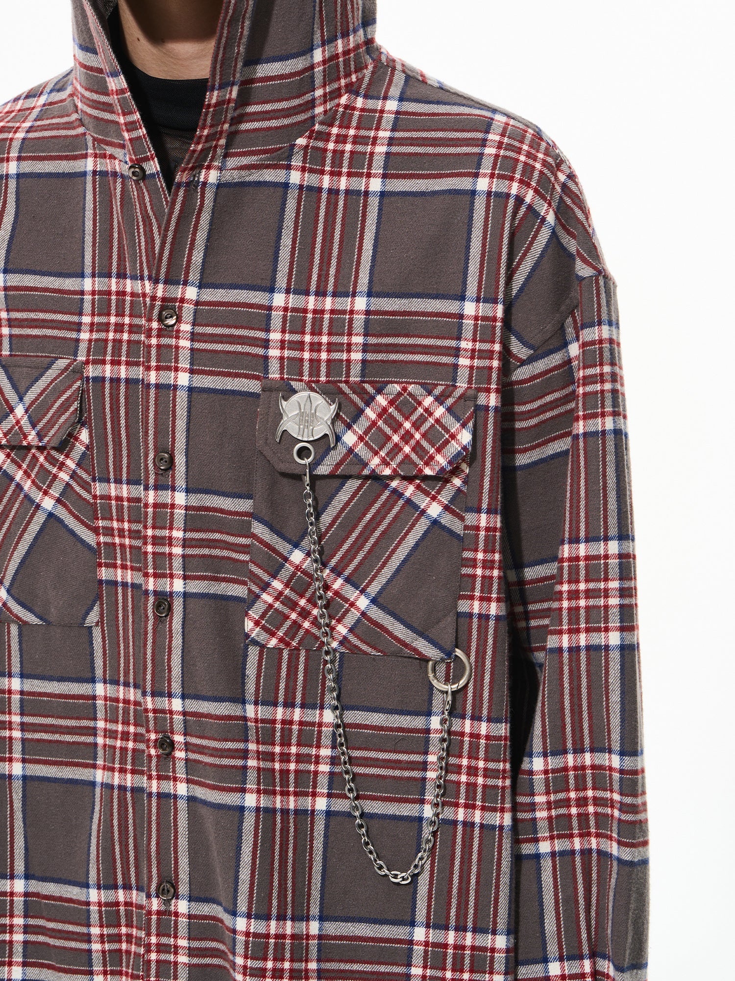 BLIND NO PLAN Metal Chain Hooded Plaid Long Sleeve Shirt