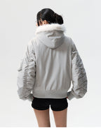 MEDM Animal Logo Patch Fur Hooded Bomber Jacket