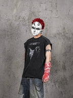 UNDERWATER Washed Devil Bone Print Distressed Sleeveless Tee
