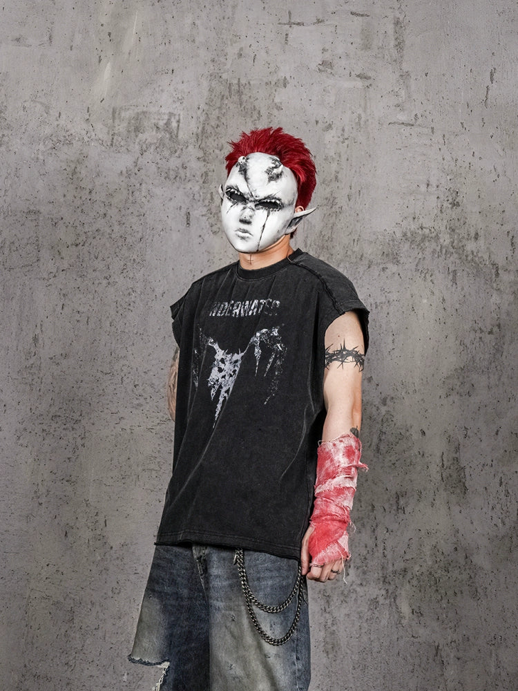 UNDERWATER Washed Devil Bone Print Distressed Sleeveless Tee