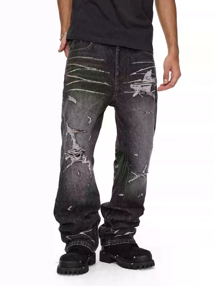 ANTIDOTE Irregular Torn Hole Washed Flared Jeans
