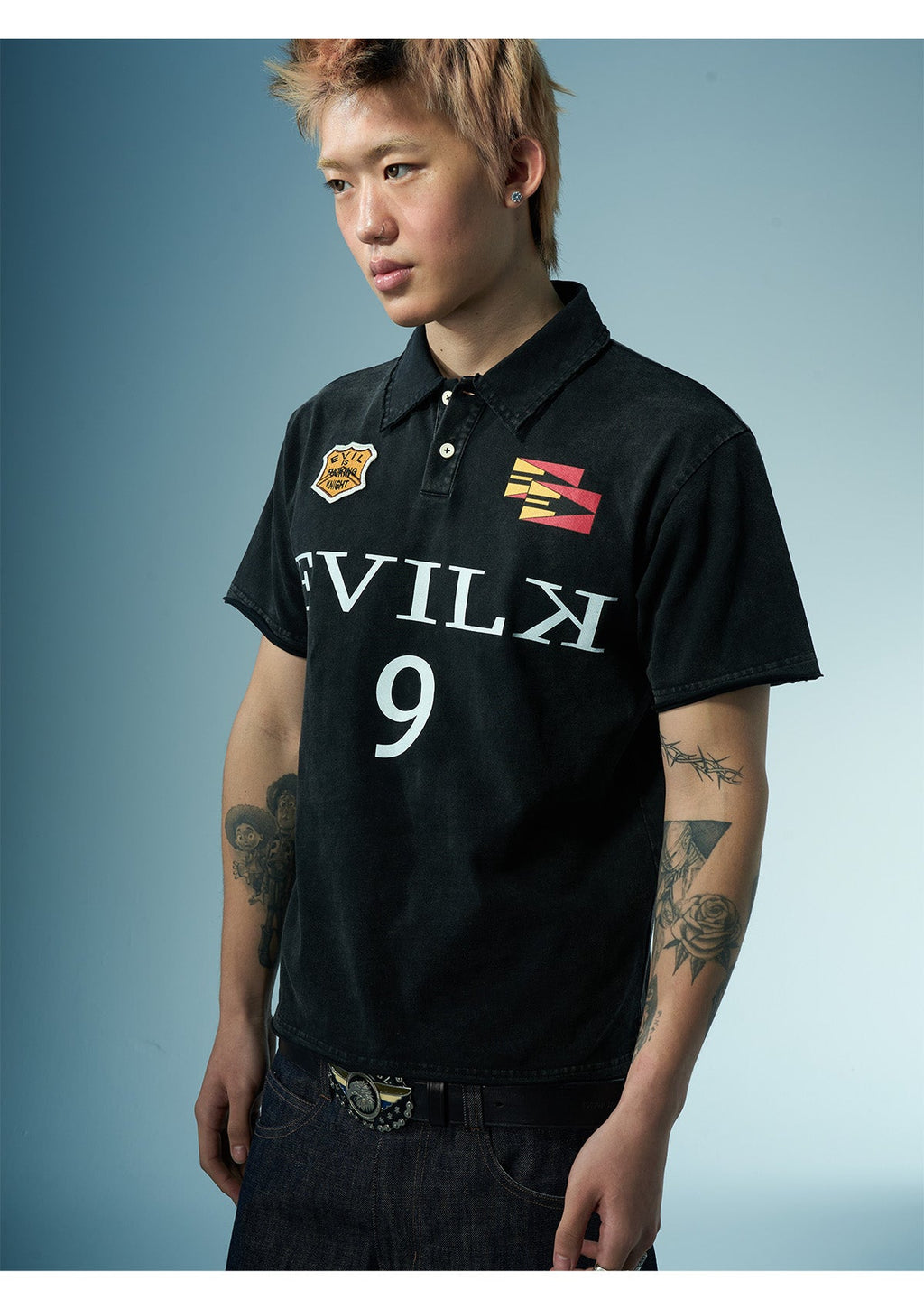 EVILKNIGHT(EK) Embroidered and Logo Printed Washed Polo