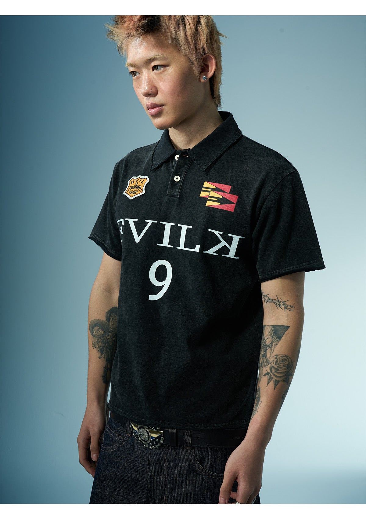 EVILKNIGHT(EK) Embroidered and Logo Printed Washed Polo
