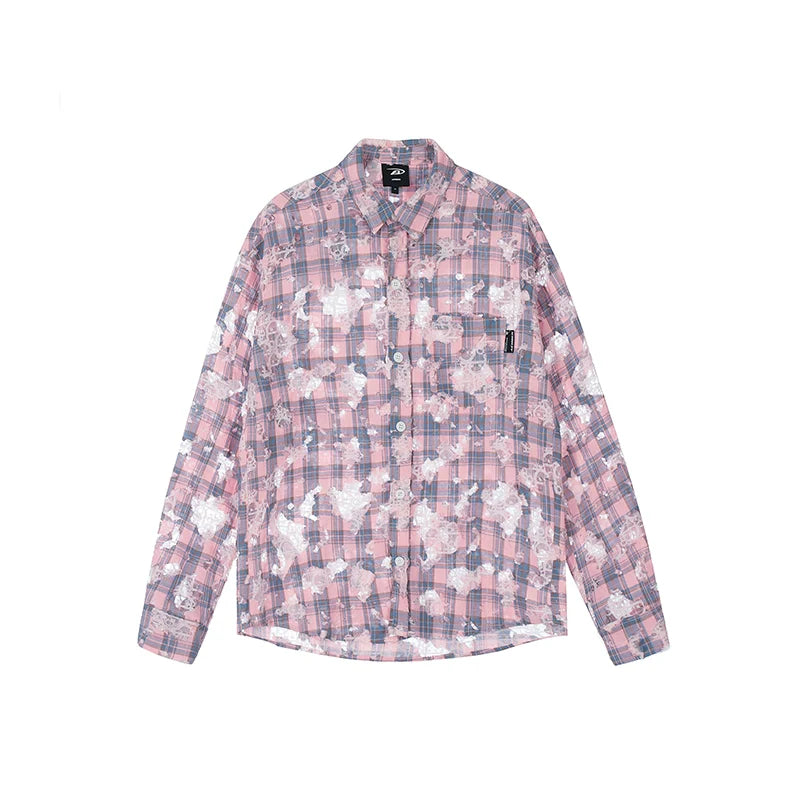 Achock Holes Lace Patches Plaid Long Sleeved Shirt