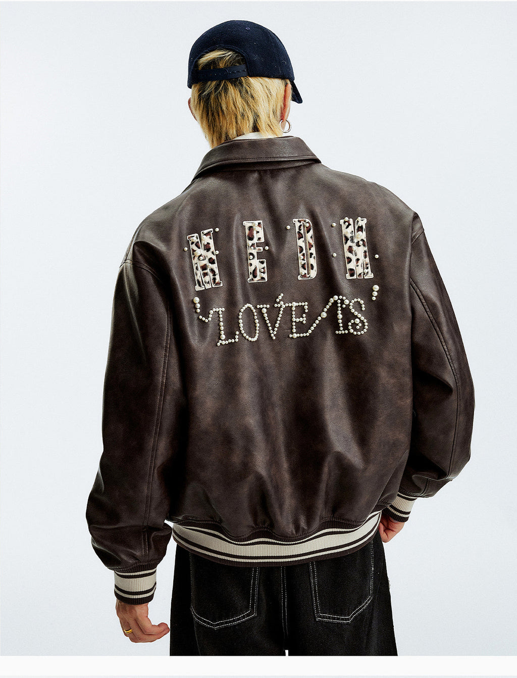 MEDM Leopard Patch Pearl PU Leather Varsity Jacket