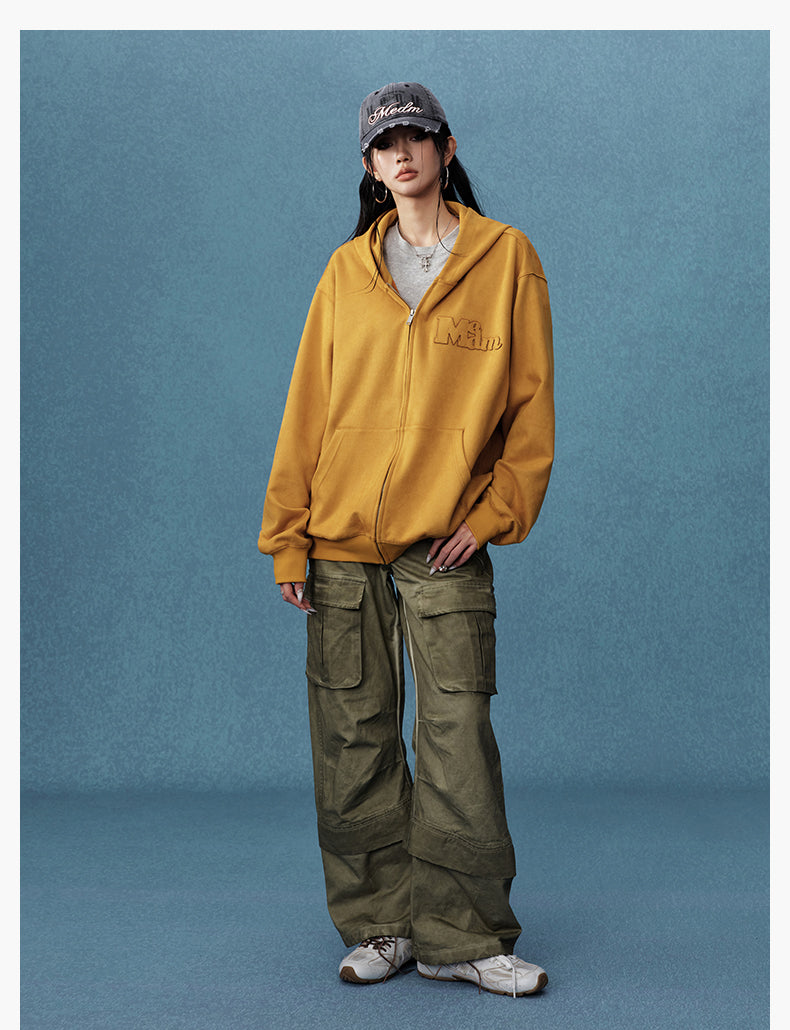 MEDM Suede Logo Patch Zip-Up Hoodie