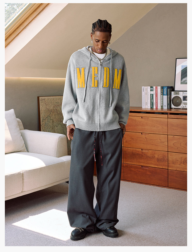 MEDM Basic Embroidered Logo Zip Up Knit Hoodie