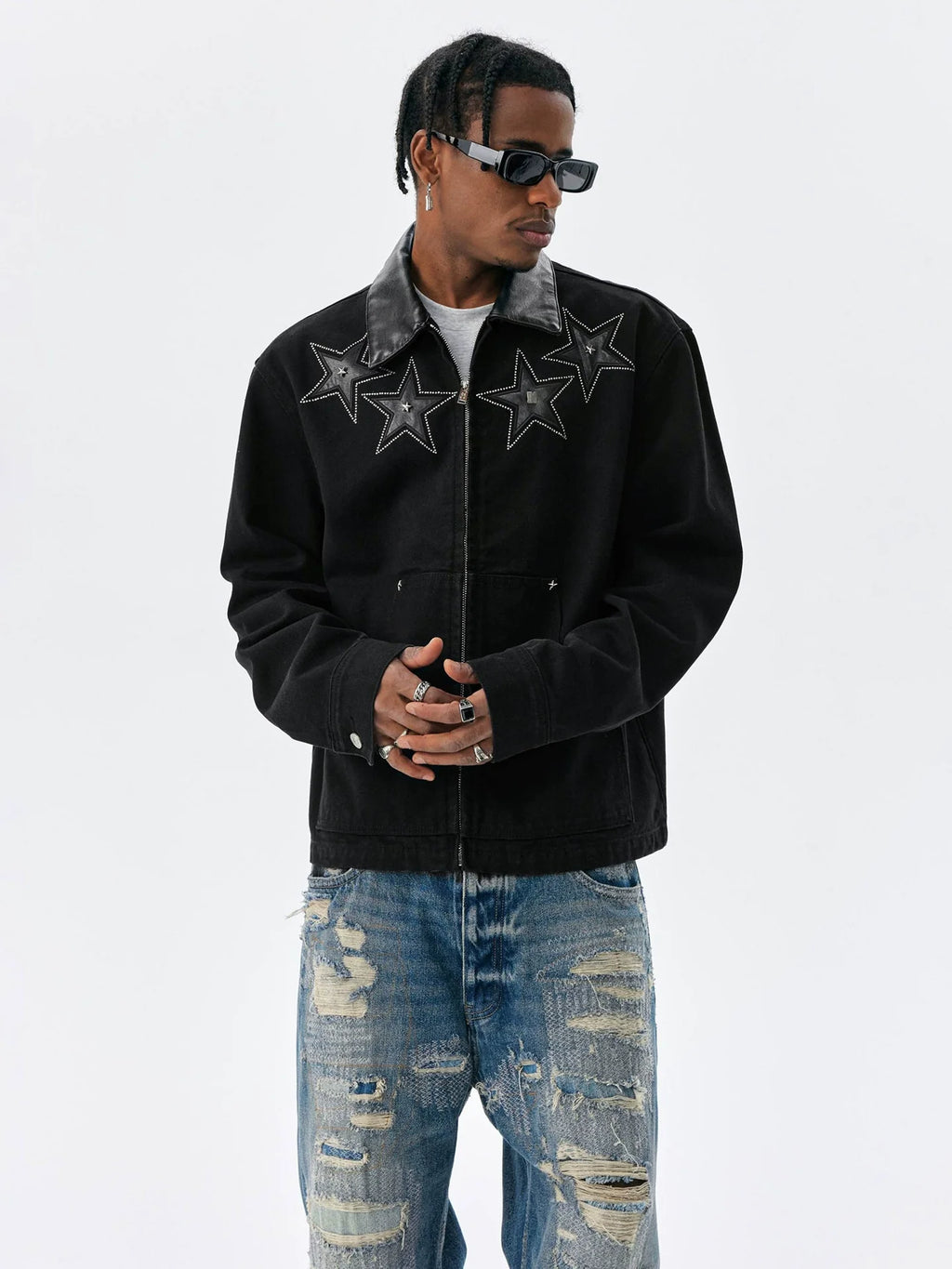 MEDM Star Studded Leather Patch Detroit Jacket