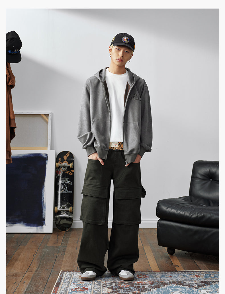 MEDM Suede Logo Patch Zip-Up Hoodie