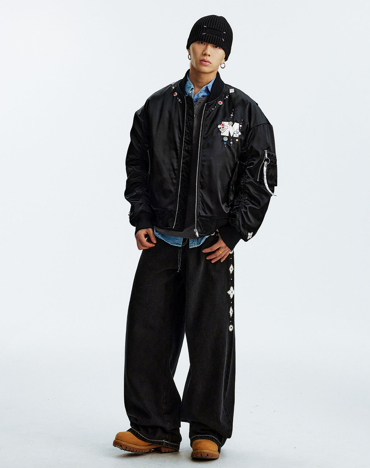 MEDM Gemstone Studded Leather Patch MA-1 Bomber Jacket