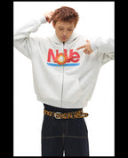 NOVACAM Vintage Monogram Print Zip Up Hoodie