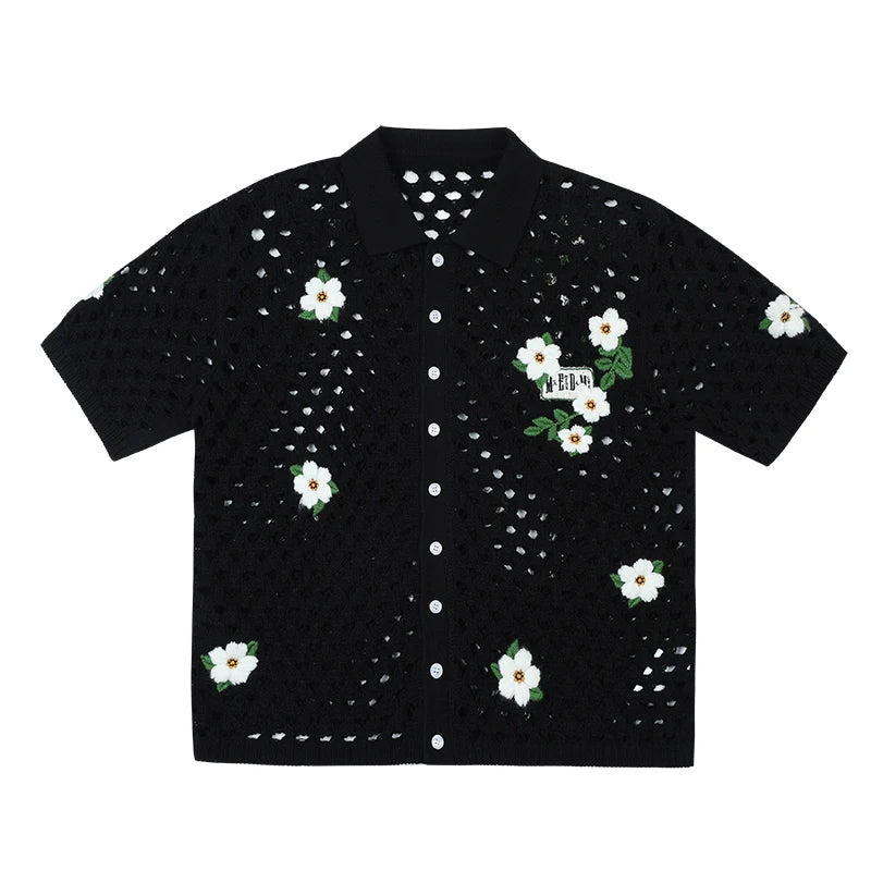 MEDM Flower Embroidery Open Knit Short Sleeve Shirt