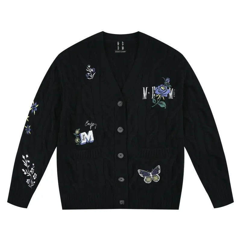 MEDM Floral Butterfly Embroidered Cable Knit Cardigan
