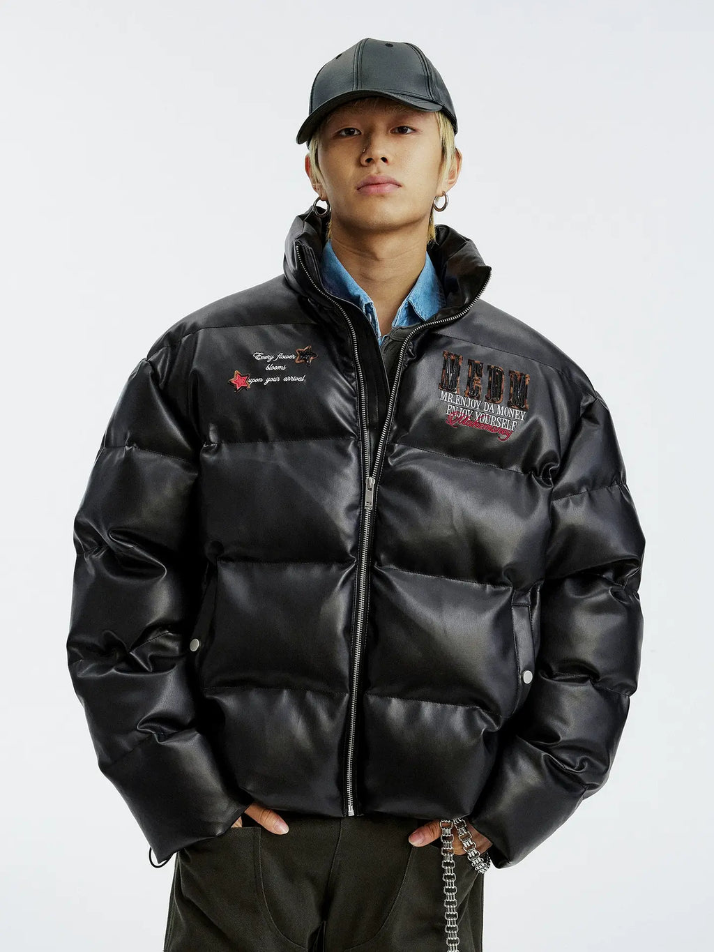 MEDM Leopard Patch PU Leather Puffer Jacket
