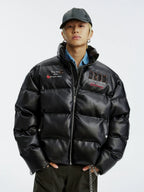 MEDM Leopard Patch PU Leather Puffer Jacket