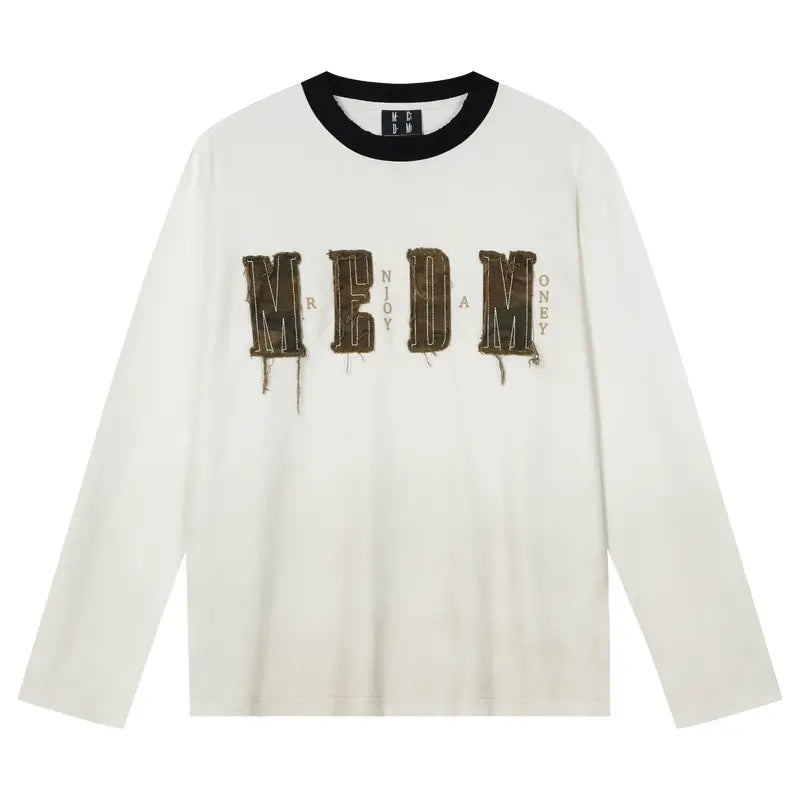 MEDM Frayed Logo Patch Washed Distressed Long Sleeve Tee