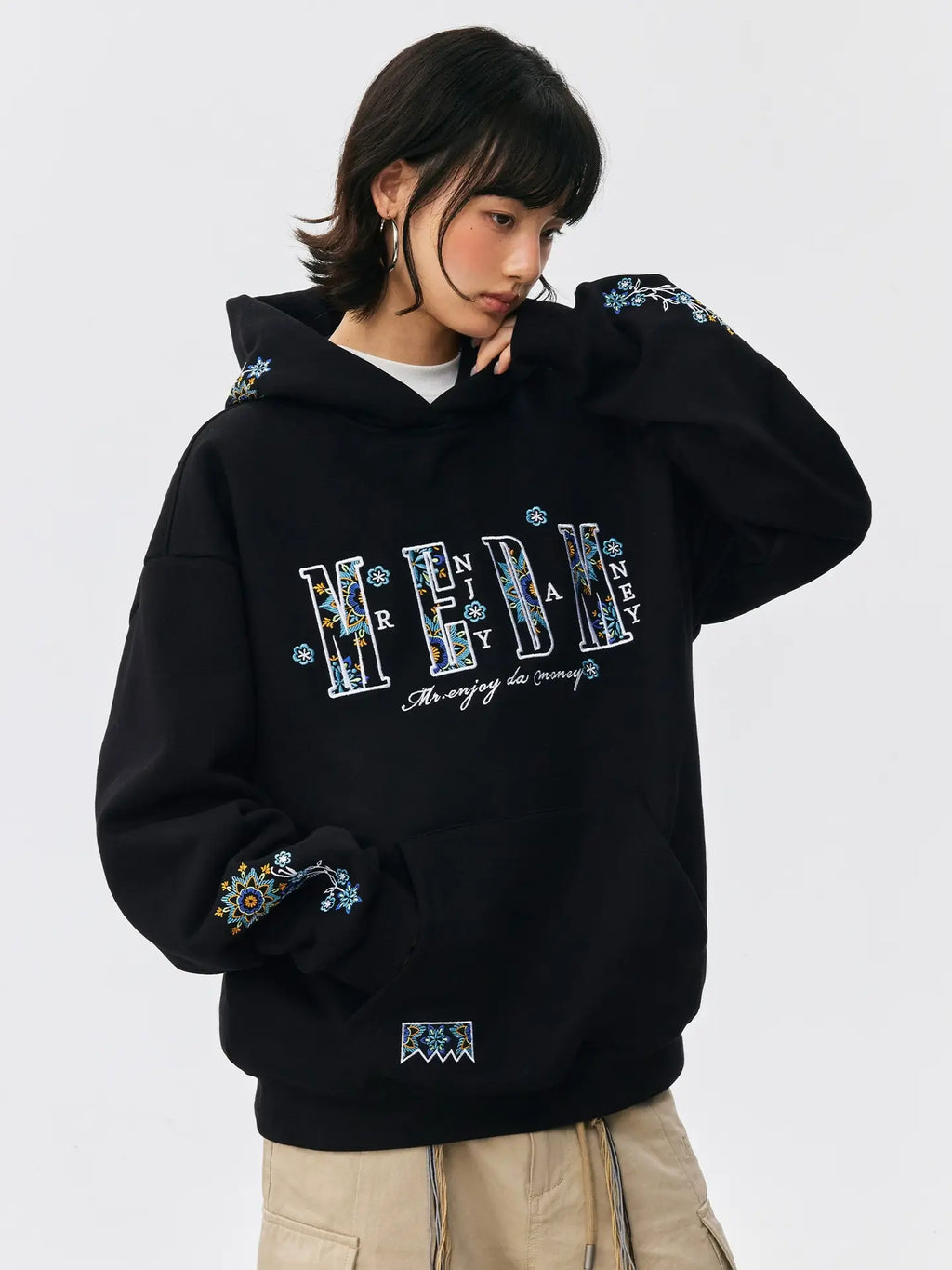 MEDM Ethnic Flower Embroidered Hoodie