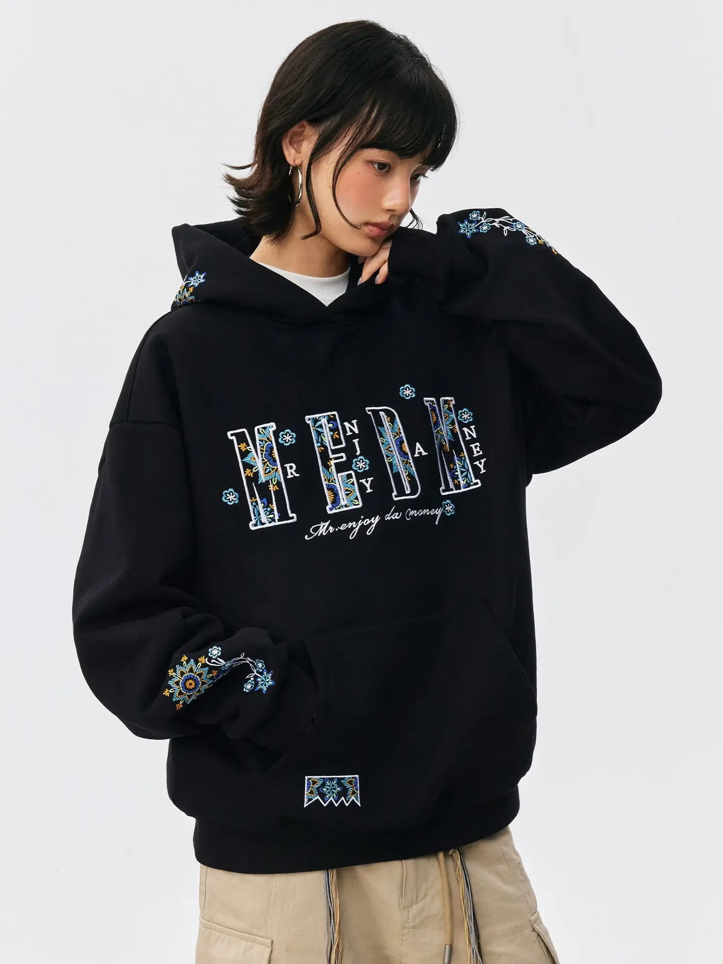 MEDM Ethnic Flower Embroidered Hoodie