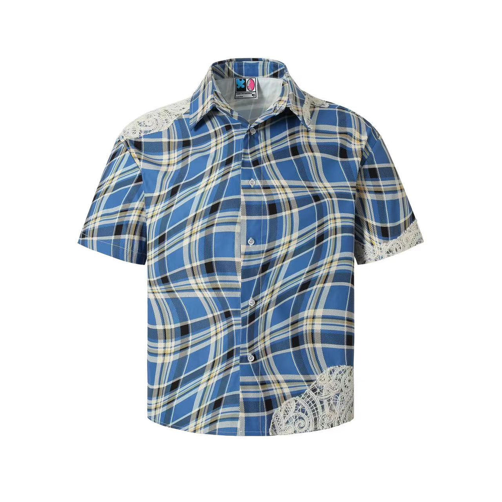 YADcrew Twisted Plaid Lace Splicing Short Sleeve Shirt