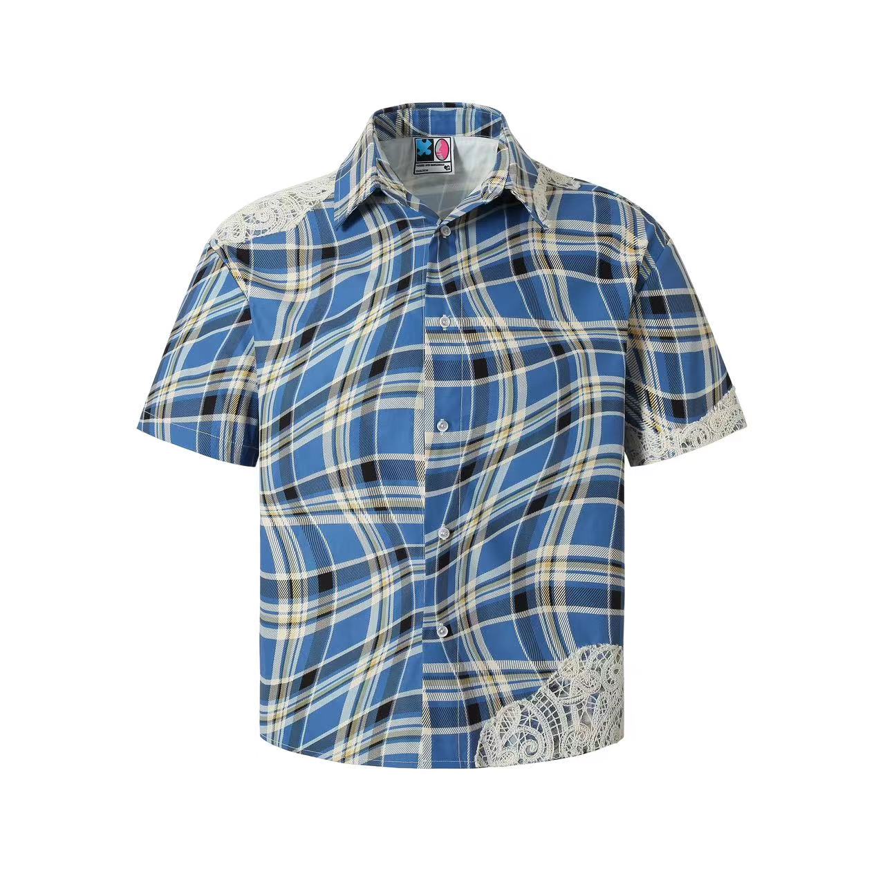 YADcrew Twisted Plaid Lace Splicing Short Sleeve Shirt