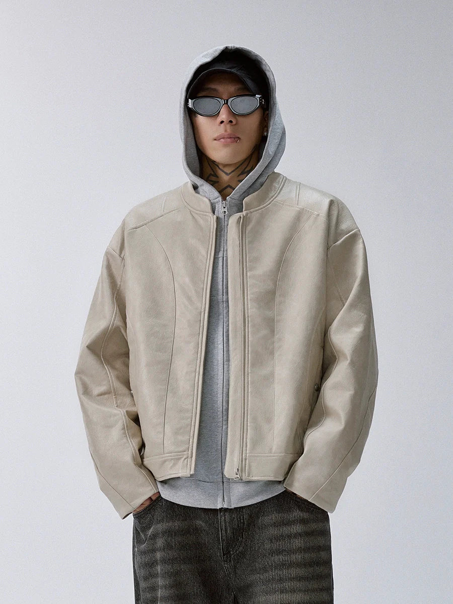 F2CE Patchwork Grain PU Leather Racing Jacket