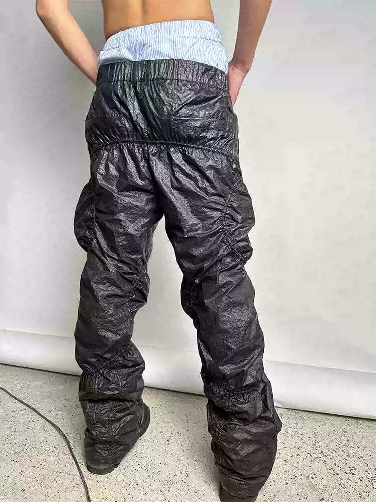 Night Lab Pleated Loose Fit Black Nylon Pants