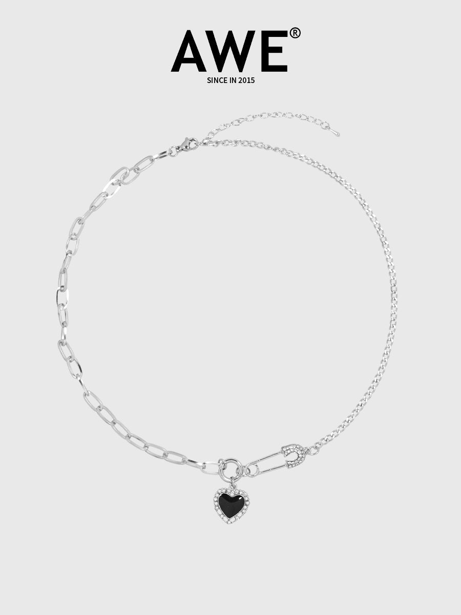 AWE Diamond Pin Black Heart Chain Necklace