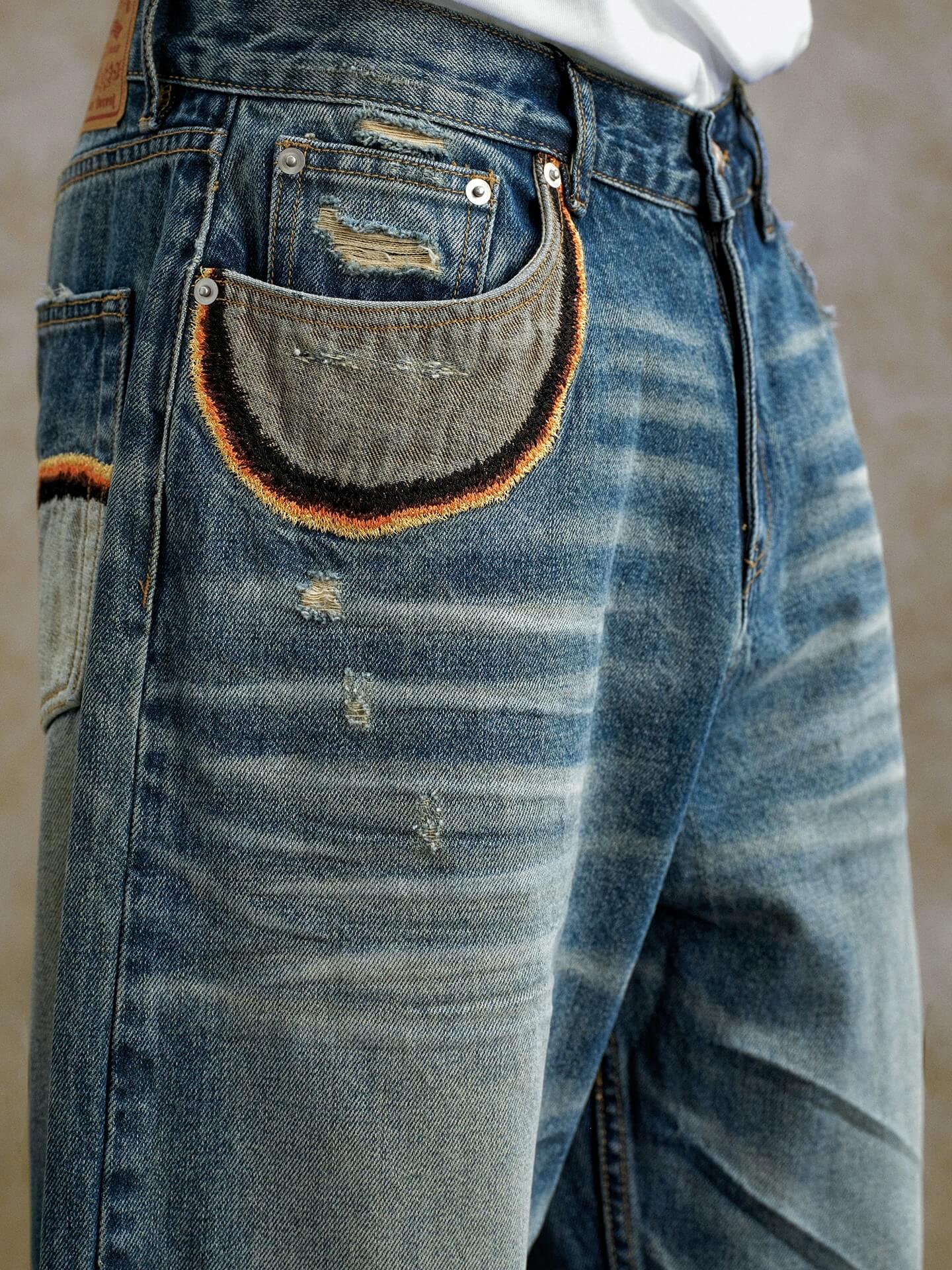 YADcrew Scorched Embroidery Washed Distressed Whisker Jeans