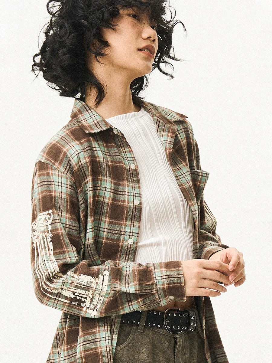 EMPTY REFERENCE Roman Column Print Plaid Long Sleeve Shirt