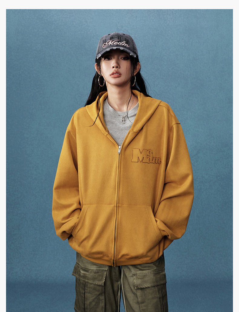 MEDM Suede Logo Patch Zip-Up Hoodie